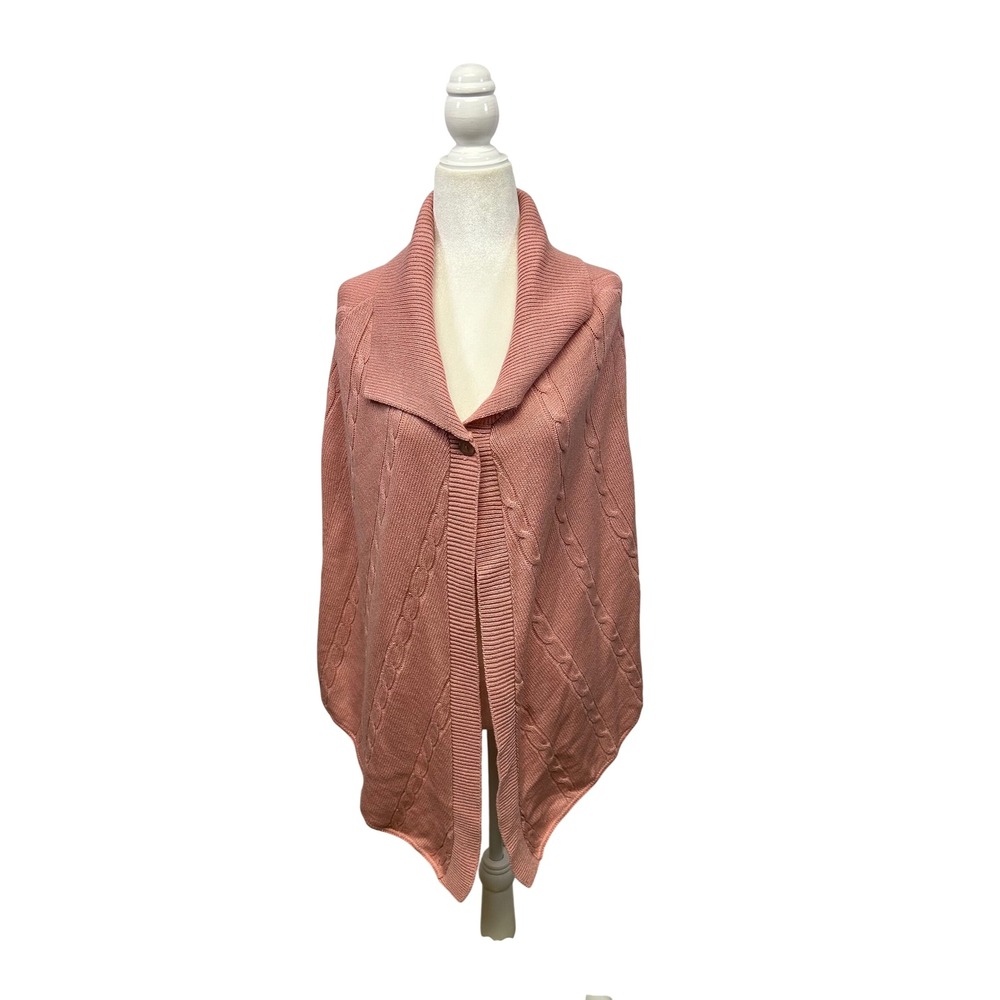 Grannycore Cervelle Womens One Size Pink Cable Knit Shawl Collar Button Poncho